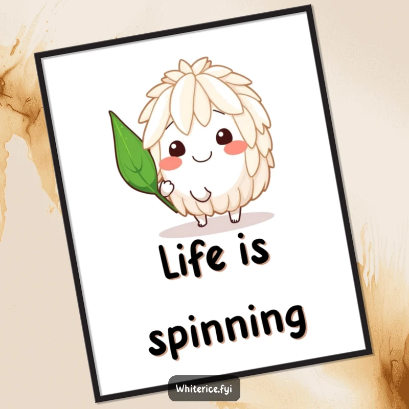 Funny digital art print of a smiling rice character joyfully spinning with a jaunty leaf, embodying pure, infectious happiness.
