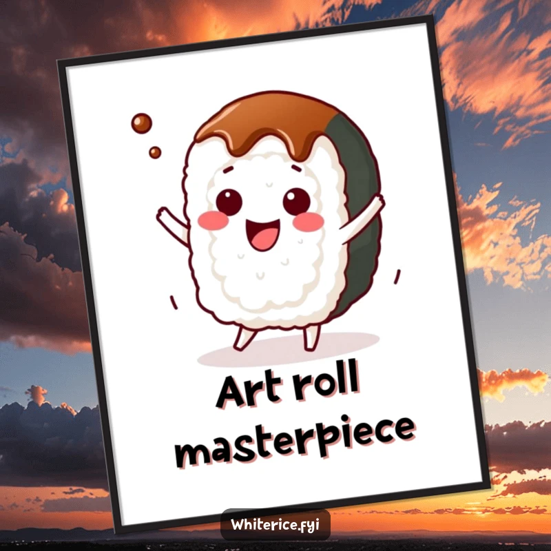 Funny kawaii sushi roll digital art print, character dancing with soy sauce, instant download, art.