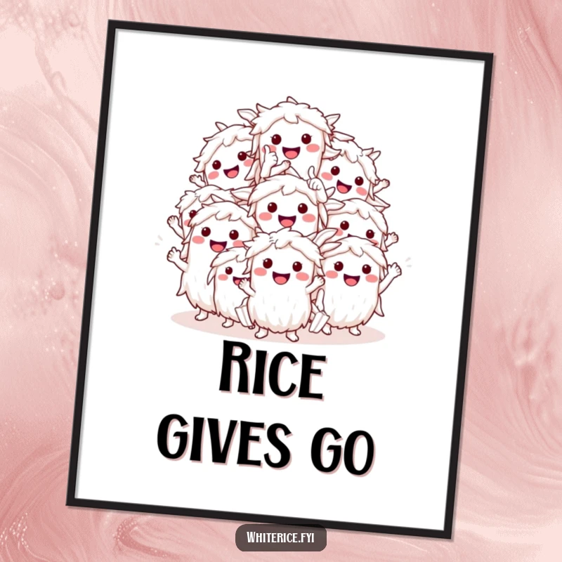Funny smiling white rice characters digital art print, giving a thumbs up, a humorous and easily accessible artwork for approval.