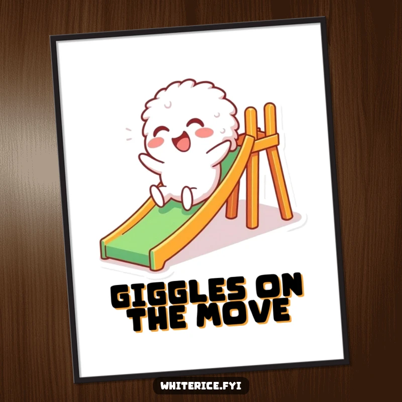Funny digital art print of a giggling white rice character sliding down a miniature slide, a joyful illustration perfect for immediately brightening any room.