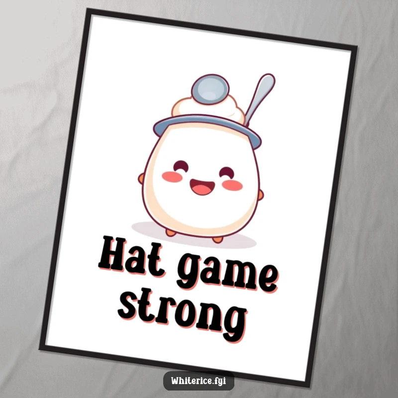 Funny digital art print of a jovial rice pudding wearing a spoon hat, perfect for adding whimsical flair to any home.