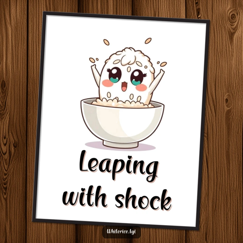 Funny rice digital art print of a surprised grain of rice character leaping out of a bowl with wide eyes, ideal for instant download.