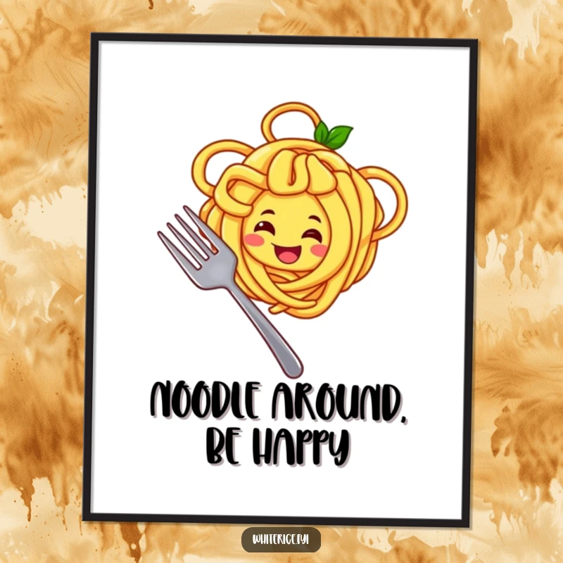 Funny digital art print of a joyful yellow noodle character twirling noodles around a fork, cheerful and humorous.