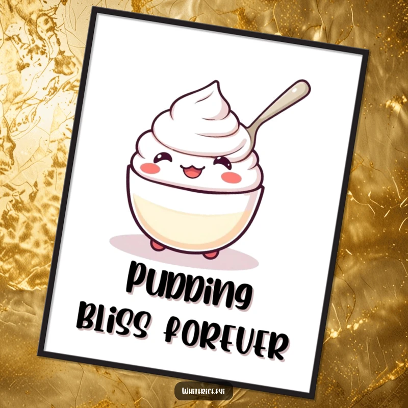Funny kawaii rice pudding digital art print, character happily spooning itself, instant download, art.
