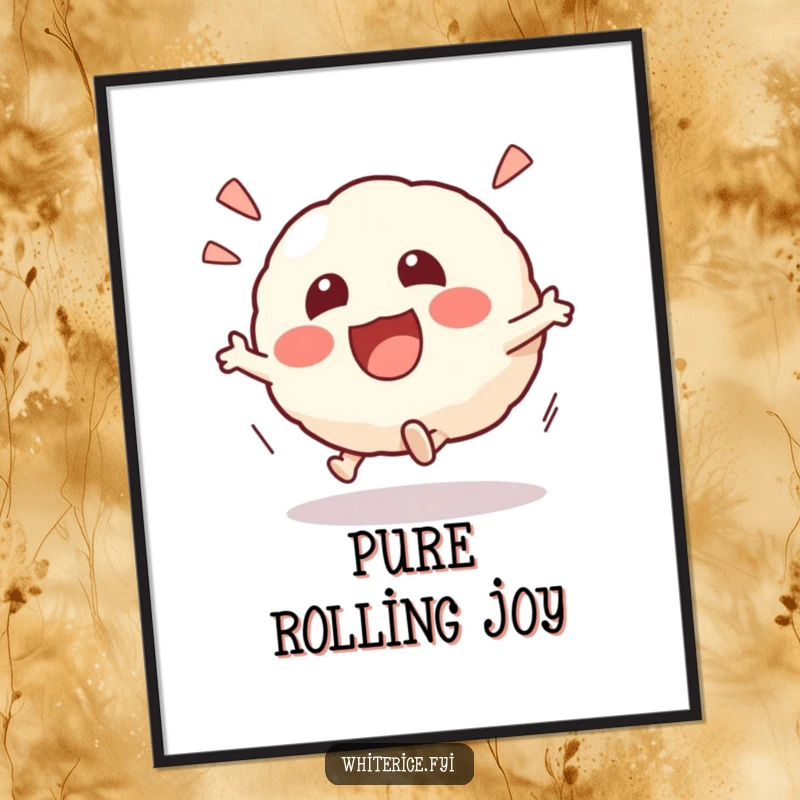 Funny Kawaii risotto ball digital art print of an excited character rolling playfully, bringing dynamic energy and humor to digital decor, a fun gift.