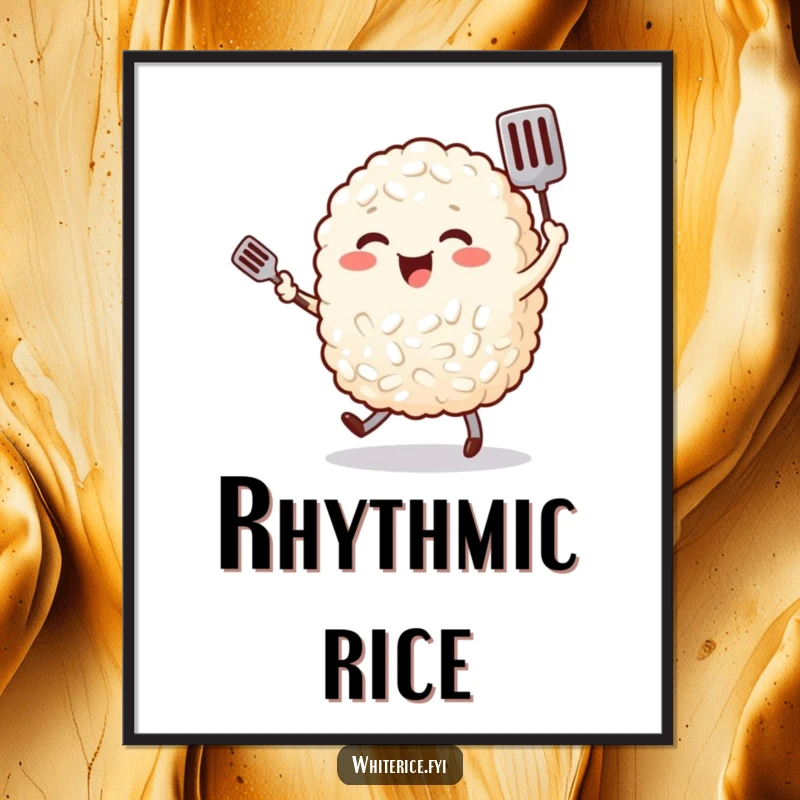 Funny, cheerful rice character joyfully dancing with a tiny spatula, available as a downloadable digital art print for kitchens.