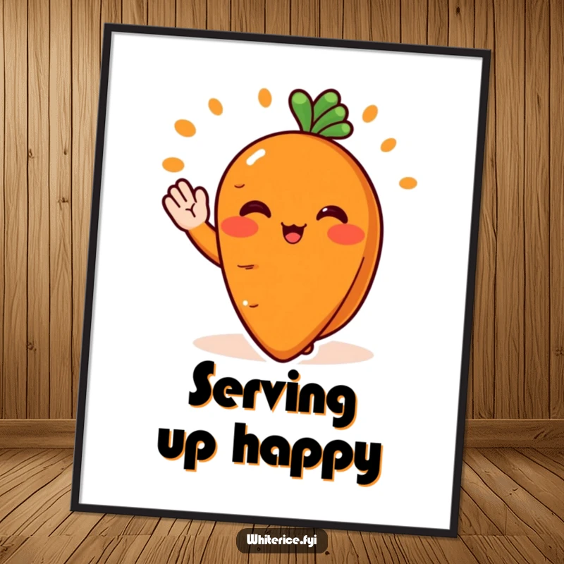 Funny digital art print of a blushing orange carrot slice character serving food with a cheerful wave, whimsical and humorous.