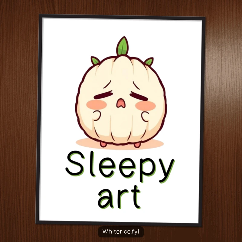 Funny digital art print of a sleepy rice grain character yawning profoundly, ideal for serene and humorous decor.
