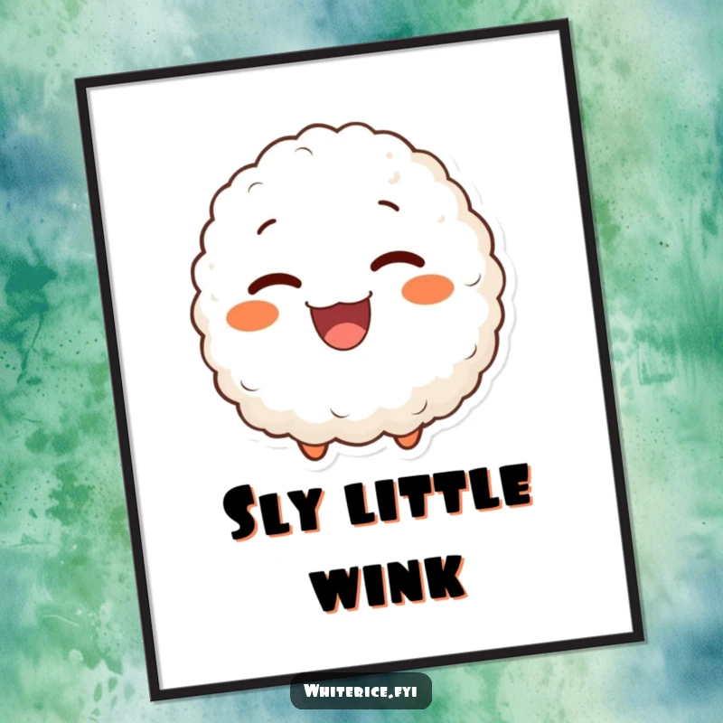 Funny digital art print of a delighted rice ball character giving a joyful wink, a charming and humorous piece.