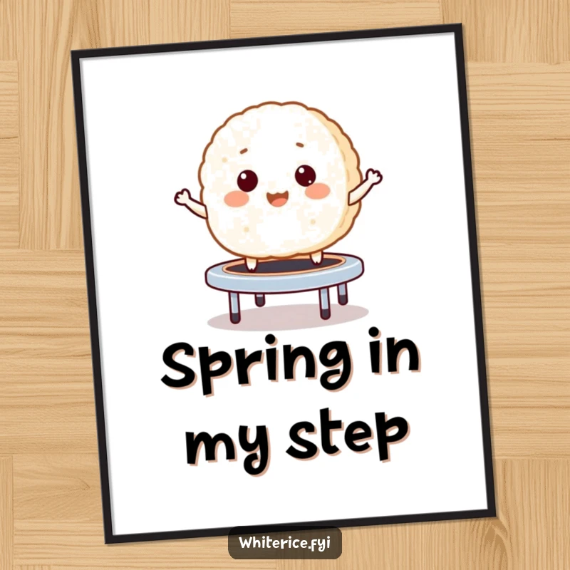 Funny digital art print of a giggling rice cake bouncing like a mini trampoline, conveying pure, infectious joy.