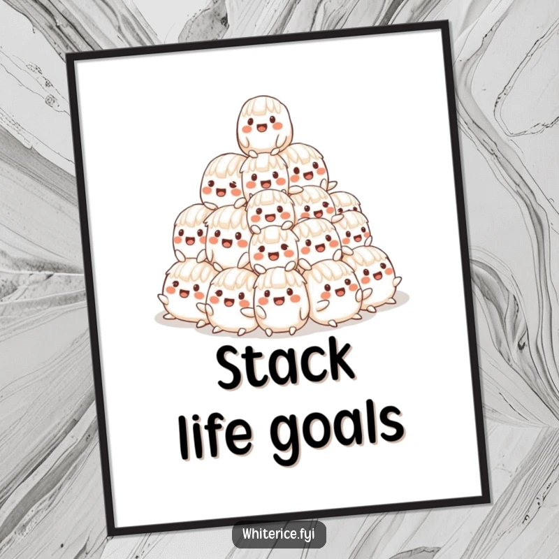 Funny digital art print of a cheerful, wobbly pyramid of smiling rice characters, offering vibrant humor.