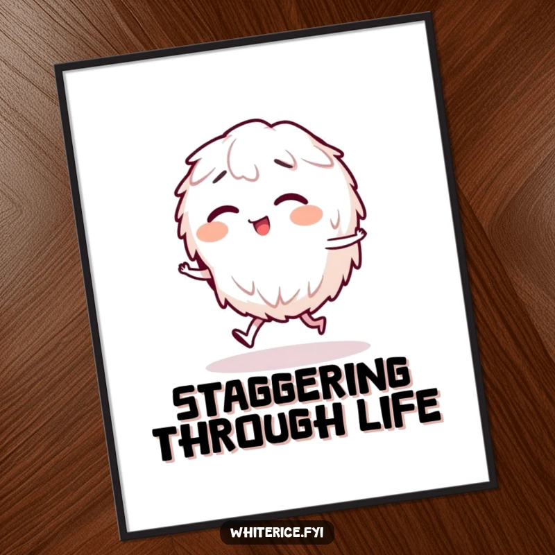 Funny digital art print of a giggling rice character doing a funny stagger, offering instant cartoon-themed humor.