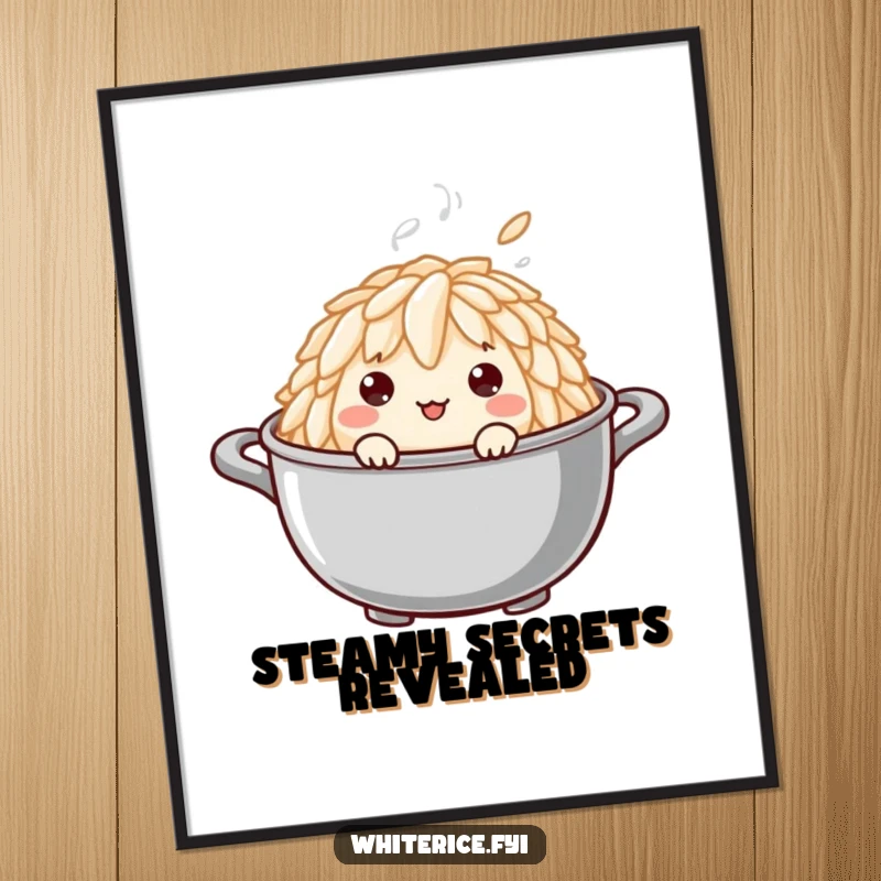 Funny digital art print of a curious rice grain peeking out from a steaming pot, perfect for instant wall decor and smiles.