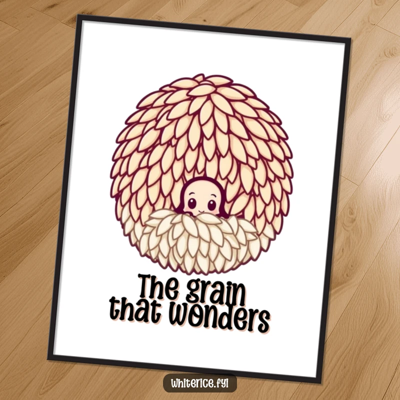 Funny curious rice grain digital art print, peeking from a cluster, a humorous and downloadable illustration for observers.