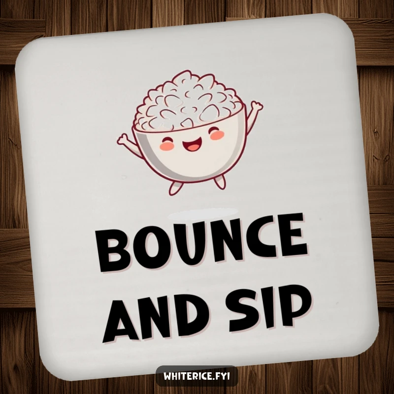 Funny drink coaster with a cheerful bowl of white rice performing a playful jump, protecting surfaces.