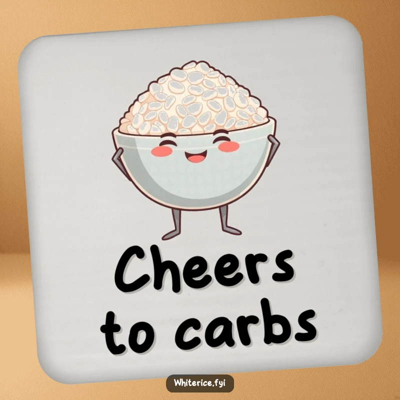 Funny proud rice bowl coaster showing a smiling bowl of rice with tiny legs striking a proud pose.