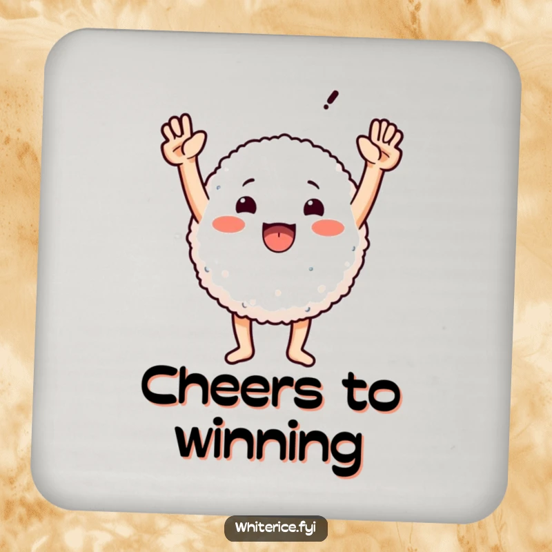 Funny coaster featuring a round rice character triumphantly raising its arms, adding a humorous touch to drink service.