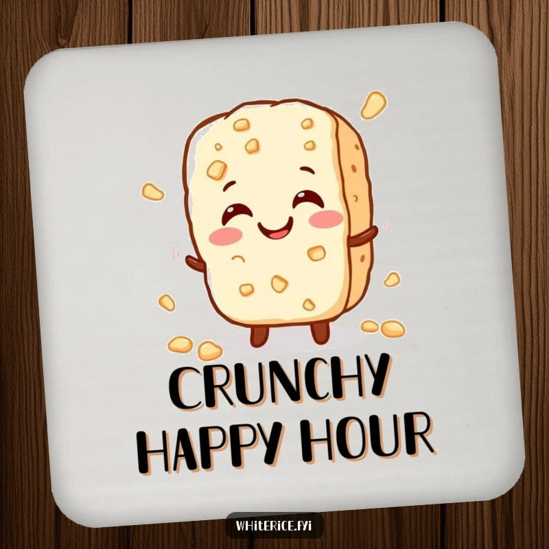 Funny drink coaster with a cheerful, small rice cracker character crumbles slightly with a happy crunch, adding a touch of humor.
