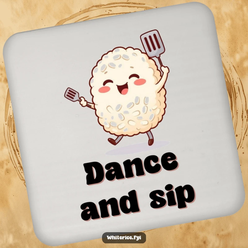 Funny rice character happily dancing with a tiny spatula, printed on a protective round coaster for kitchen use.