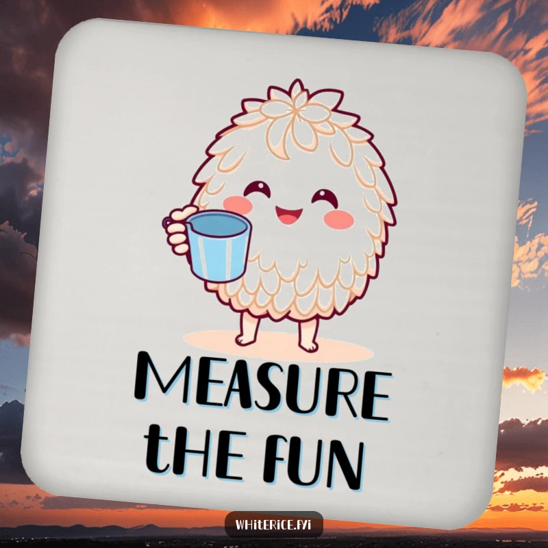 Funny Basmati Rice Coaster: A joyful Kawaii character holding a tiny measuring cup, adding a precise and cheerful culinary accent to any surface.