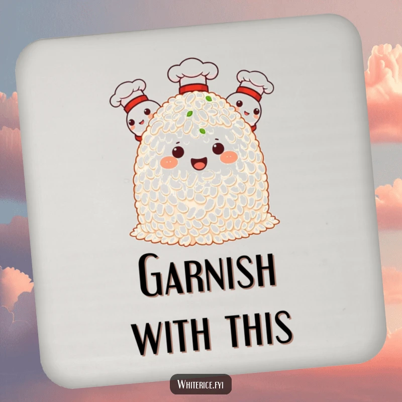 Funny drink coaster featuring proud rice characters in chef hats, celebrating culinary prowess with a humorous touch.