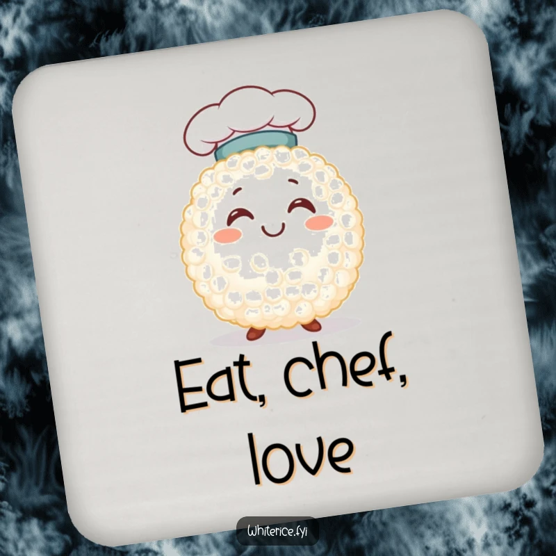 Funny smiling white rice grain character wearing a chef hat, on a drink coaster, adding a touch of kitchen charm and humor.