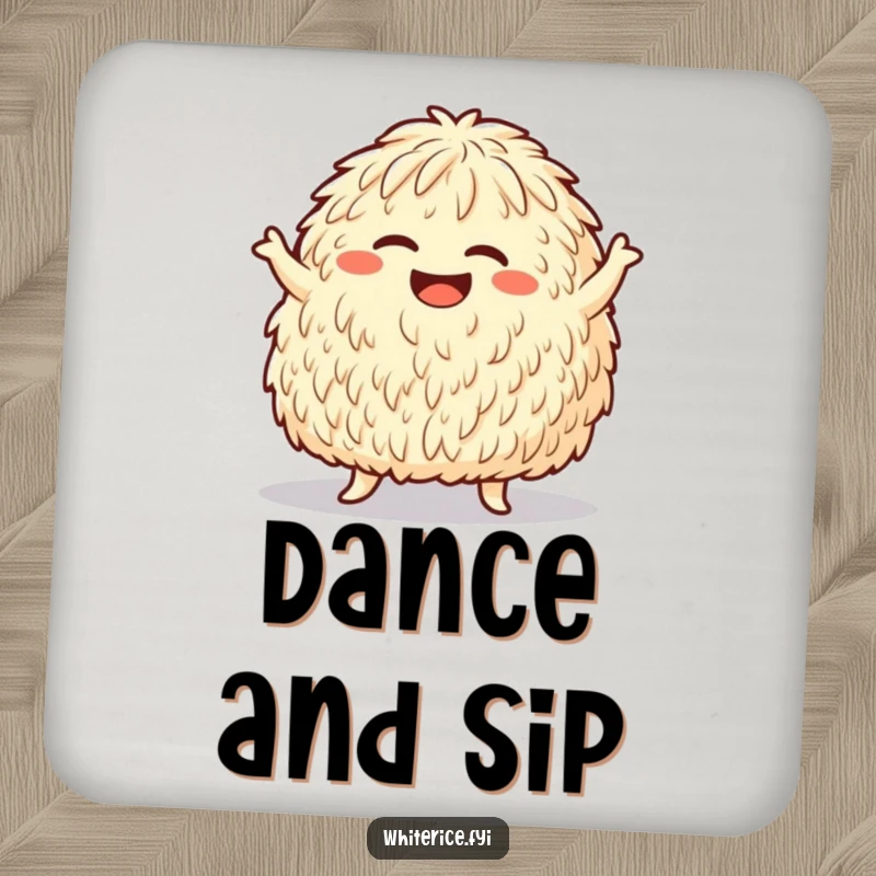 Funny coaster featuring a giggling rice mound doing a silly dance move, adding playful energy to drink service.