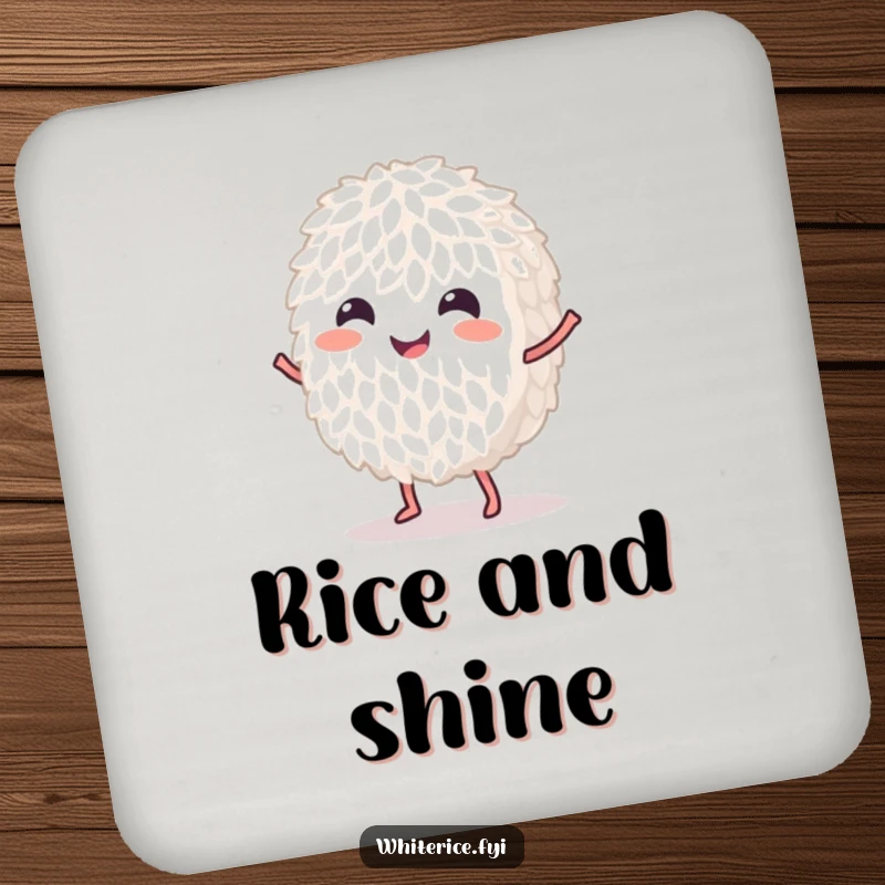 Funny dancing white rice grain drink coaster, protecting surfaces with a charming and humorous dance.