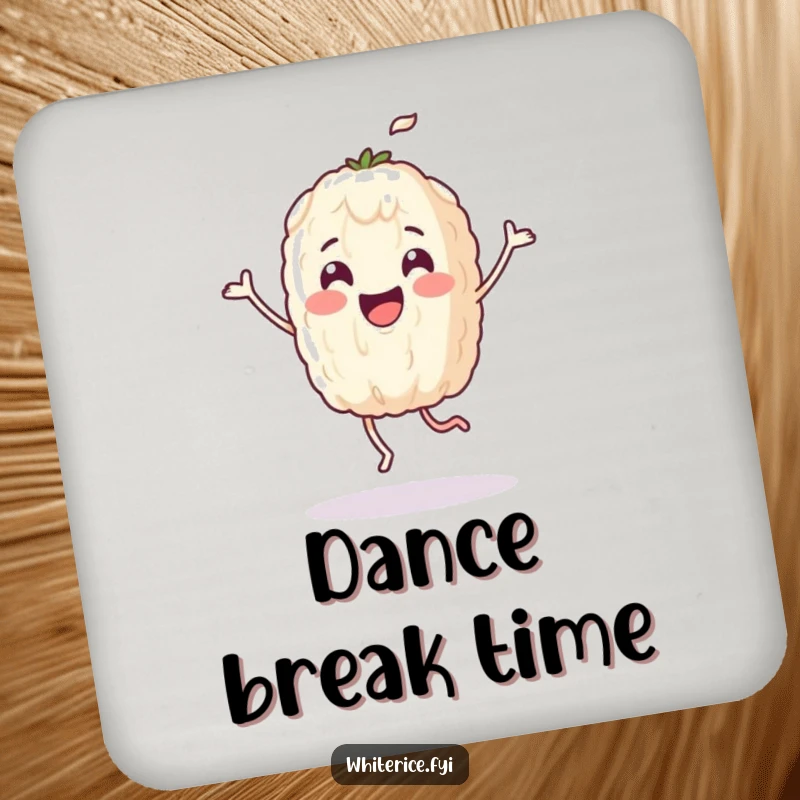 Funny drink coaster featuring a happy rice grain character dancing with abandon, protecting surfaces with a smile.