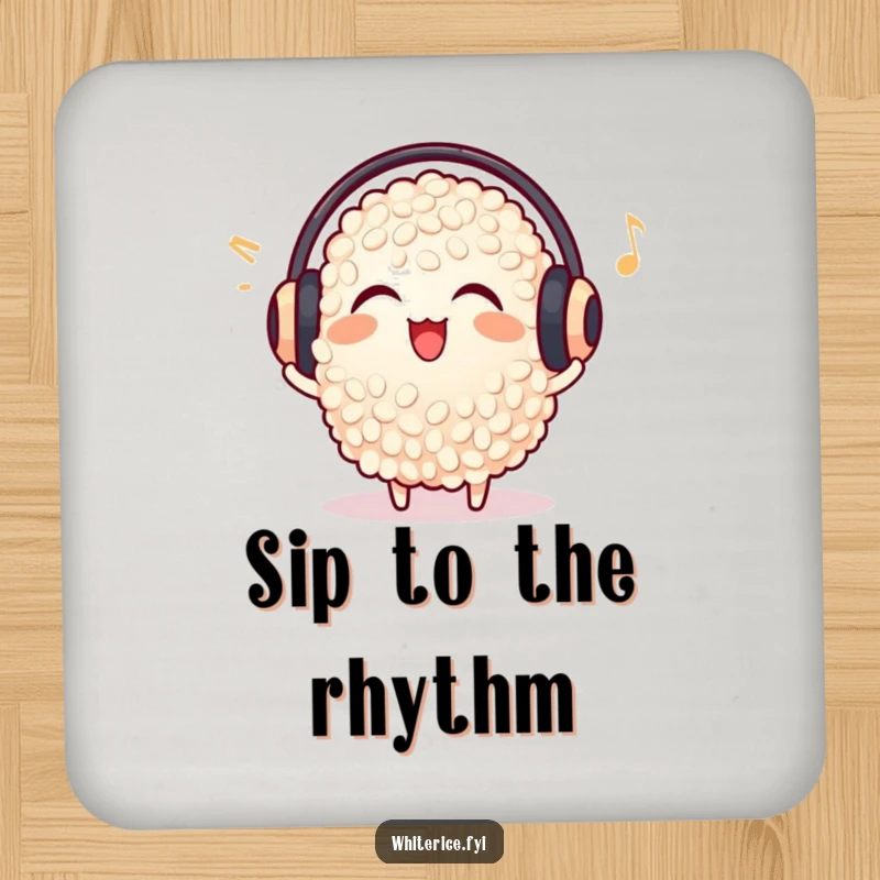 Funny delighted rice grain coaster, wearing earmuffs, listening to music, cute and practical drink accessory.