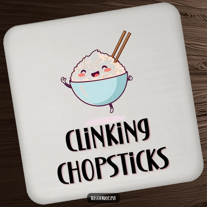 Funny happy white rice bowl coasters, dancing with chopsticks, protecting surfaces with humorous food-themed art.