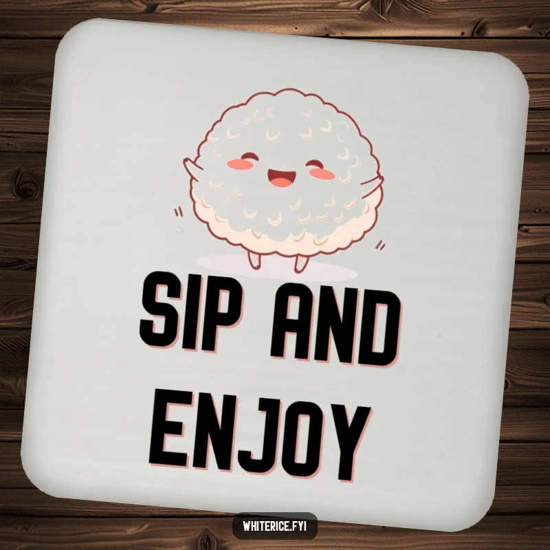 Funny happy rice coaster showing a joyful mound of white rice bouncing, adding cheerful decor.