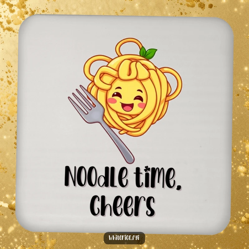 Funny coaster with a joyful yellow noodle character twirling noodles around a fork, a cheerful and practical table accessory.