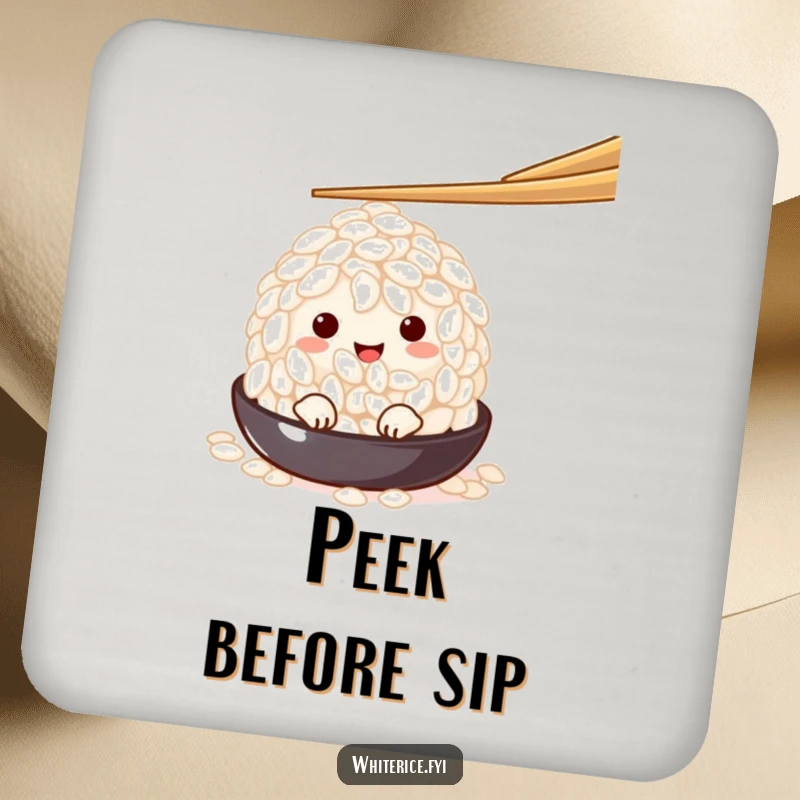 Funny charming white rice grain character peeking from under a chopstick, on a drink coaster, adding a touch of subtle humor and cuteness.