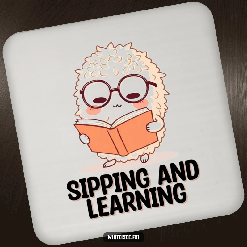 Funny rice coaster with a bewildered rice ball character in glasses reading a book, protecting surfaces with scholarly charm.