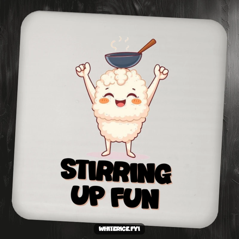 Funny cheerful white rice character holding a miniature wok with a triumphant smile on a drink coaster.
