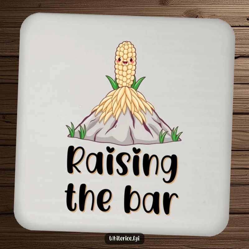 Funny Rice Grain Drink Coaster depicting a proud rice grain on a mountain of rice, a humorous and protective addition to tables.
