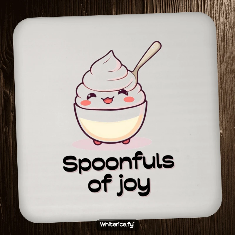 Funny kawaii rice pudding coaster, character happily spooning itself, protects surfaces with humor.