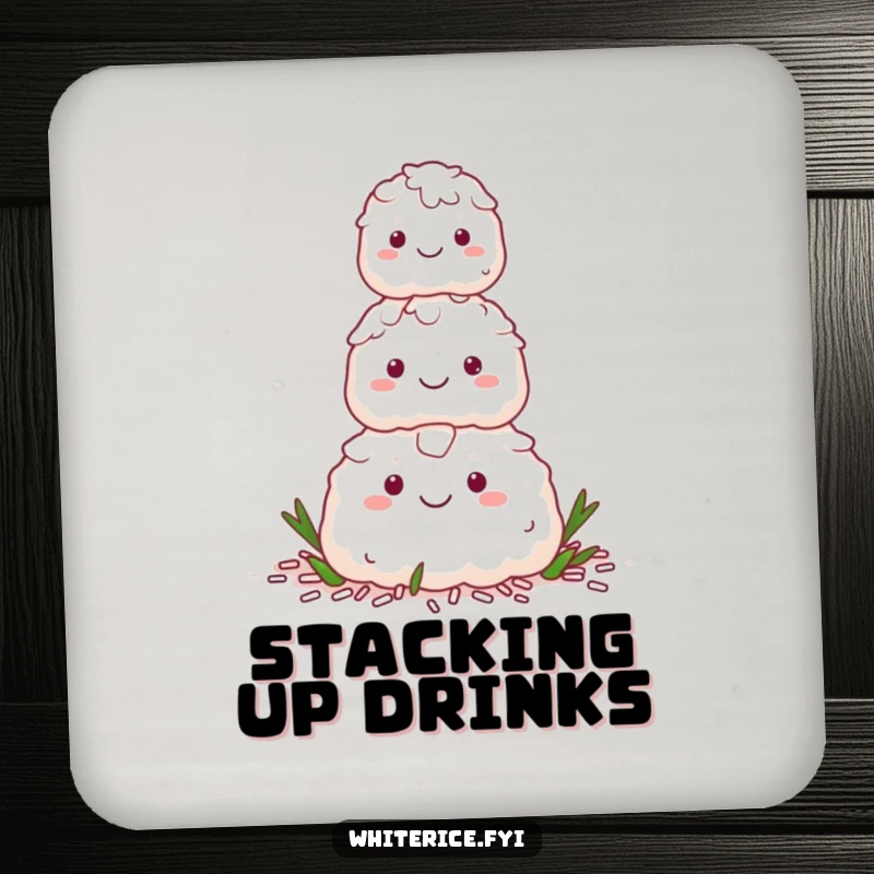 Funny drink coaster featuring a happy stack of white rice characters forming a pyramid, for surface protection with humor.