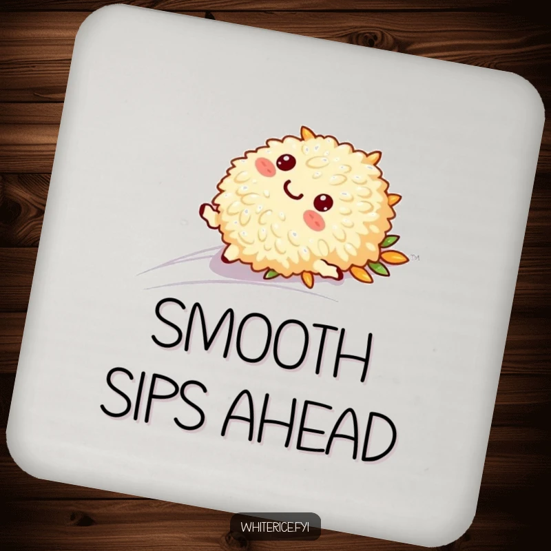 Funny coaster featuring a playful rice character in a smooth slide, a charming and practical accessory.