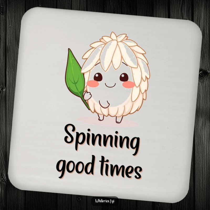 Funny coaster featuring a smiling rice character mid-spin with a jaunty leaf, adding a playful touch to table settings.