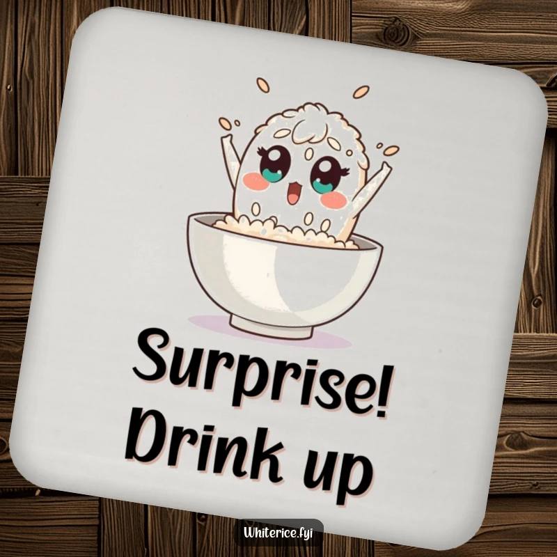 Funny rice coaster with a surprised grain of rice character leaping out of a bowl with wide eyes, protecting surfaces with humorous flair.