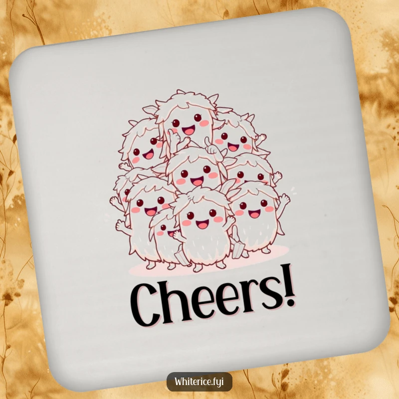 Funny smiling white rice characters coasters, giving a thumbs up, protecting surfaces with humorous food-themed art.