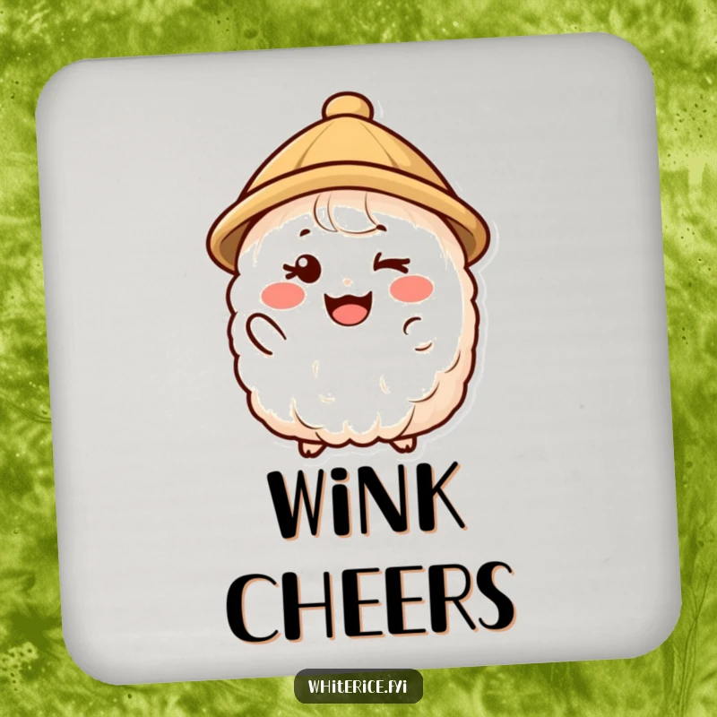 Funny coaster featuring a happy rice character in a small hat giving a friendly wink, adding playful charm to drink service.