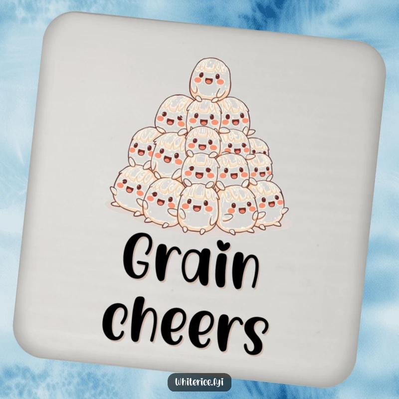 Funny drink coaster with a cheerful, wobbly pyramid of smiling rice characters, adding humor to any surface.