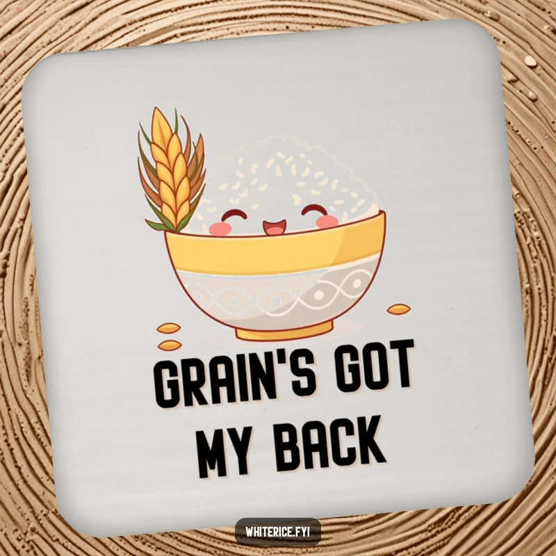 Funny drink coaster featuring a happy rice bowl peeking from behind a large grain, a humorous and protective table accessory.