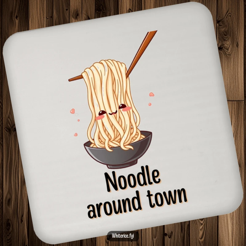 Funny drink coaster showing a silly rice noodle playfully weaving through chopsticks, adding humor to any setting.