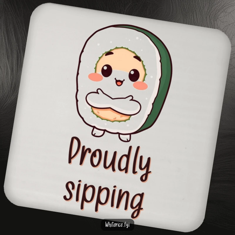 Funny Proud Sushi Coasters featuring a beaming Kawaii sushi roll character with crossed arms, adding confident humor and protecting tabletops.