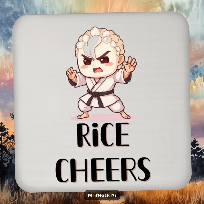 Funny drink coaster with a delighted grain of rice in a dynamic martial arts pose, protecting surfaces with humor.