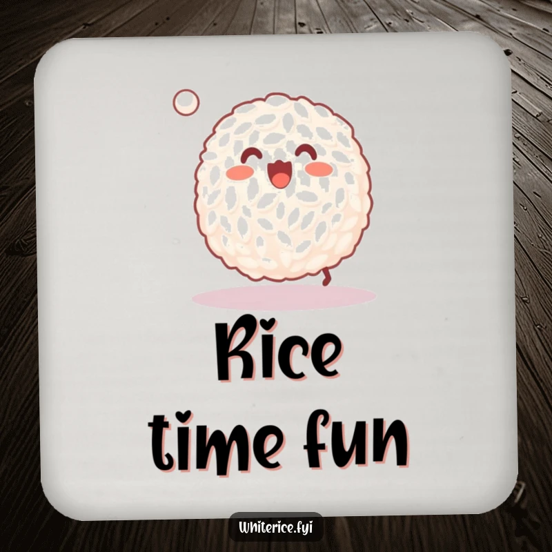 Funny drink coaster with a happy grain of white rice joyfully bouncing a tiny ball, for surface protection.